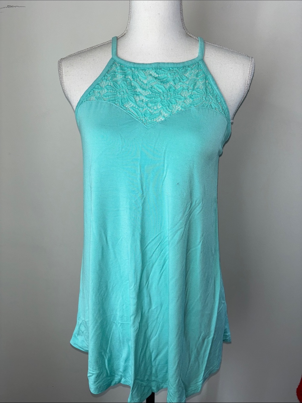 Zenana Turquoise Lace Yoke Tank Top, sz S